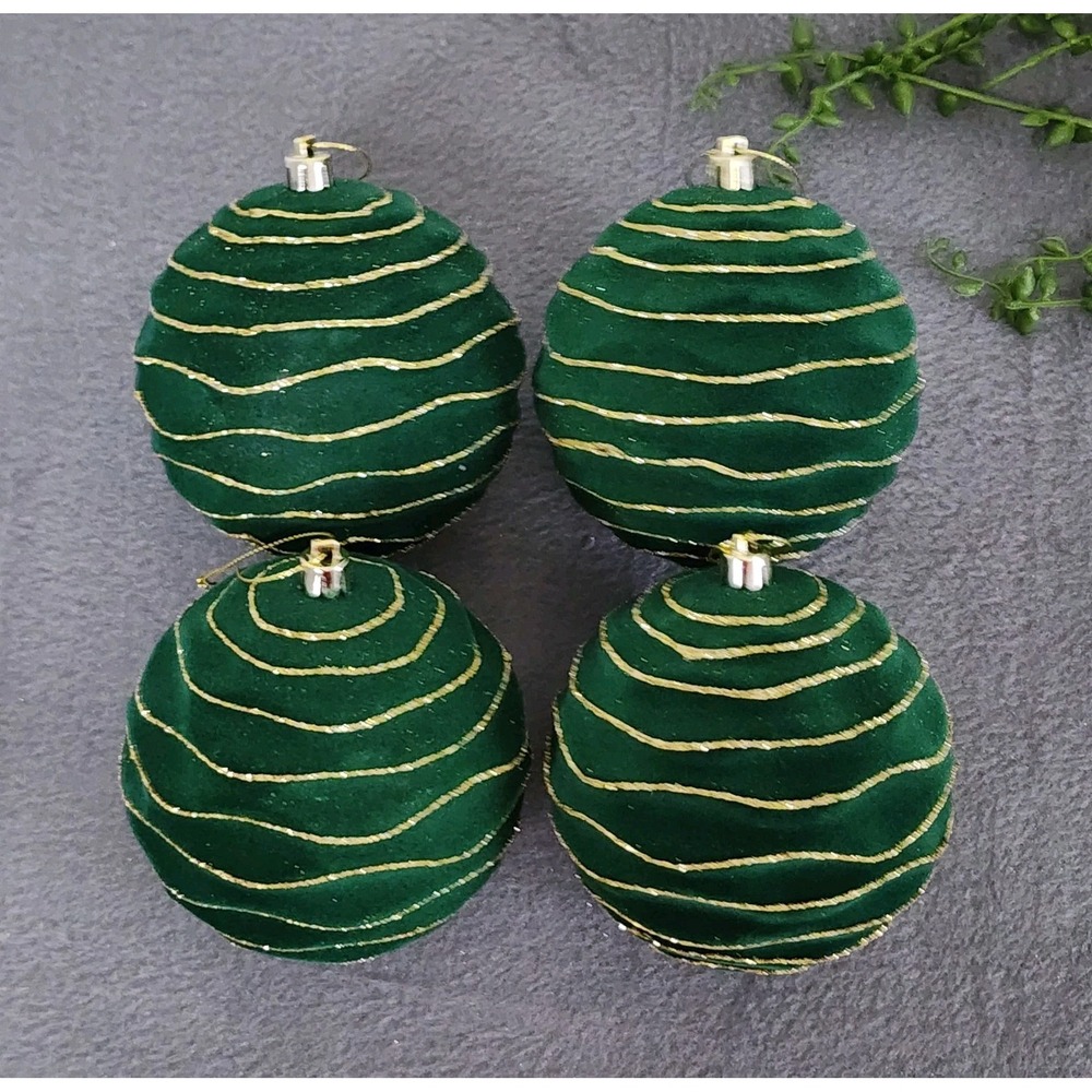 4 Green Velvet Flocked Christmas Wavy Ball‎ Ornaments Gold Glitter Plastic 4"